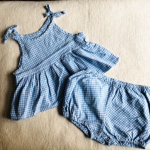 Toddler Girl Bloomers and Top Set, Vintage Baby Summer Clothes, Blue White Gingham Plaid Shirt and Shorts Two Piece Set, Retro Kids Clothes image 1