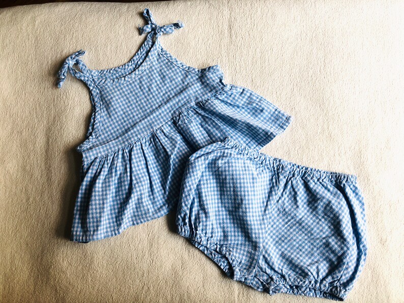 Toddler Girl Bloomers and Top Set, Vintage Baby Summer Clothes, Blue White Gingham Plaid Shirt and Shorts Two Piece Set, Retro Kids Clothes image 1
