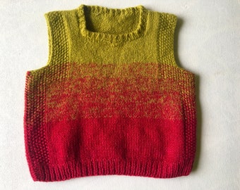 Baby Vintage Knit Wool Vest, Handmade Sweater Vest in Mustard Yellow and Red, 1 Year old Cozy Winter Knitted Sleeveless Top