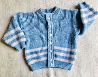Kids Blue Knitted Cardigan Sweater, Vintage Toddler Boy Button Up Sweater, Light Blue White Stripe Cozy Knit Cardigan, Retro Kids Clothes