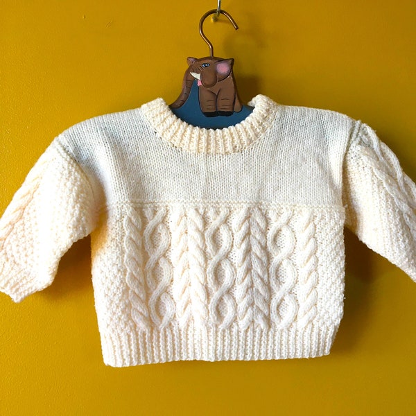 Vintage Baby White Wool Sweater, Cozy Cable Knit Sweater, Knitted Winter Jumper for Babies 9-12 months, Kids Knitwear