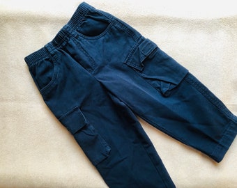 Jaren '90 peuter cargobroek, vintage kid marineblauwe alledaagse broek, casual katoenen broek, comfortabele brede pasvorm broek met zakken, 2T 3T jongenskleding