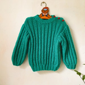 Vintage Kids Chunky Knit Sweater, Toddler Green Hand Knitted Sweater with Cherry Buttons, 3T 4T Girls Oversized Warm Autumn Jumper