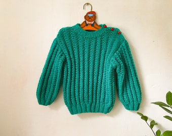 Vintage Kids Chunky Knit Sweater, Toddler Green Hand Knitted Sweater with Cherry Buttons, 3T 4T Girls Oversized Warm Autumn Jumper