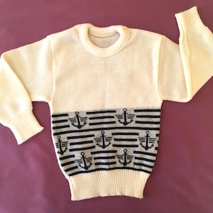 Vintage Toddler Nautical Sweater, 70s White Knit Sweater with Anchor and Stripe Pattern, 3T 4T Boy Casual Jumper, Kids Knitted Sweater