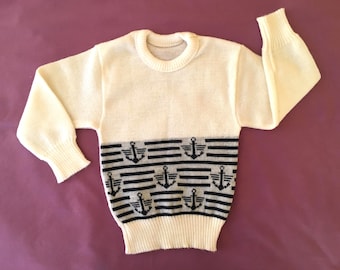 Vintage Toddler Nautical Sweater, 70s White Knit Sweater with Anchor and Stripe Pattern, 3T 4T Boy Casual Jumper, Kids Knitted Sweater