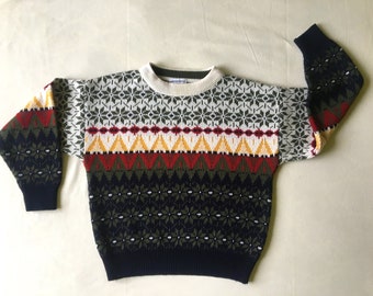 90s Kids Christmas Sweater, Vintage Knit Patterned Sweater 8-9 years, Cozy Winter Jumper, Unisex Kids Knitwear, Geometric Knitted Jumper