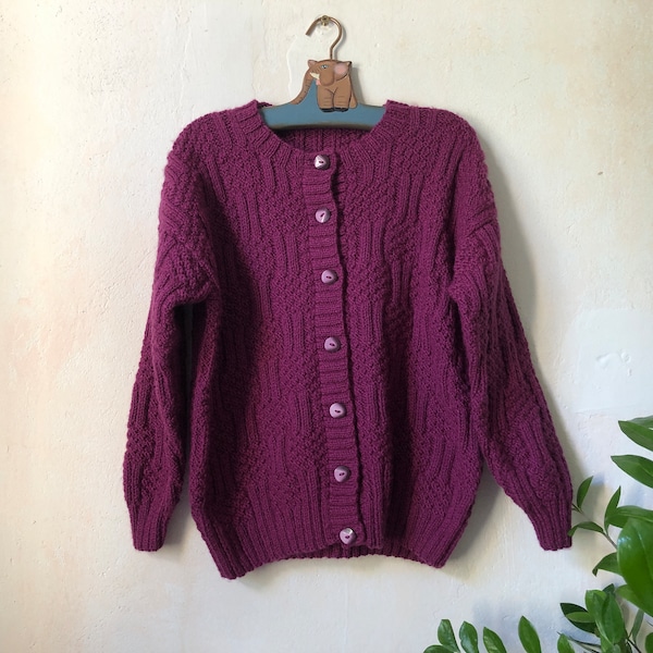 Vintage Girls Hand Knit Cardigan Sweater, Chunky Knitted Button Up Cardigan, Purple Autumn Sweater, Retro Knitwear for Kids