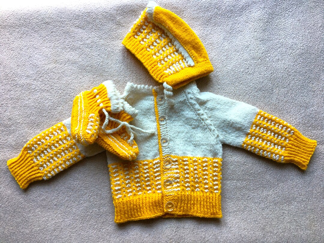 Vintage Baby Knit Cardigan, Hat and Booties Clothing Set, Handmade