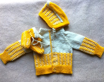 Vintage Baby Knit Cardigan, Hat and Booties Clothing Set, Handmade Preemie Baby Yellow Wool Cardigan Sweater, Newborn Coming Home Outfit