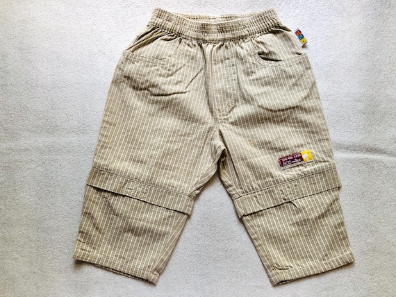 90s Kids Plaid Beige Pants, Vintage Cargo Style Pants, Boys Adventure Wear, Checked Cotton Trousers, Relaxed Wide Fit Pants, Safari Pants