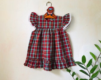 Vestido retro a cuadros escoceses para niña, vestido vintage para niña pequeña con estampado de cuadros rojos, conjunto para niña de 12 a 18 meses, vestido de manga corta con ribete de encaje.