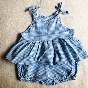 Toddler Girl Bloomers and Top Set, Vintage Baby Summer Clothes, Blue White Gingham Plaid Shirt and Shorts Two Piece Set, Retro Kids Clothes