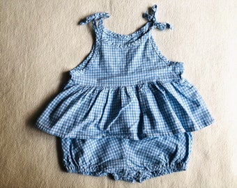 Toddler Girl Bloomers and Top Set, Vintage Baby Summer Clothes, Blue White Gingham Plaid Shirt and Shorts Two Piece Set, Retro Kids Clothes