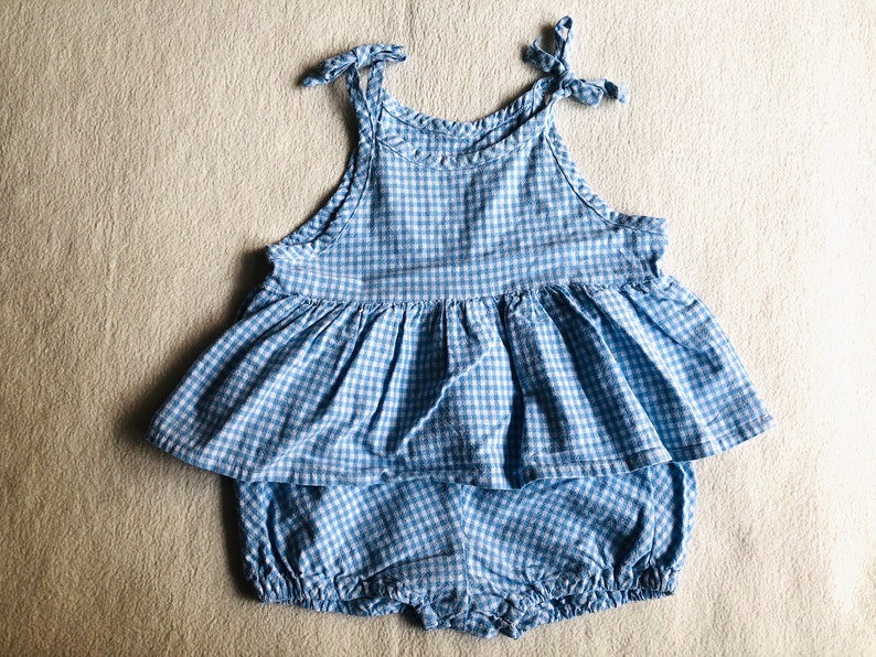 Toddler Girl Bloomers and Top Set, Vintage Baby Summer Clothes, Blue White Gingham Plaid Shirt and Shorts Two Piece Set, Retro Kids Clothes image 2