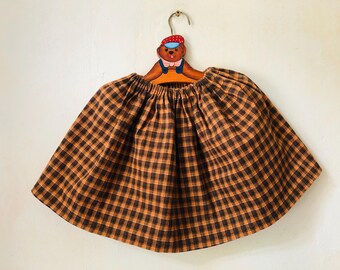 Falda a cuadros marrón hecha a mano, falda corta vintage para niñas con cintura elástica, minifalda de corte A, ropa vintage para niños, falda casual para el día a día.