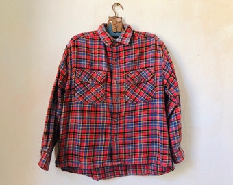 Boys Plaid Flannel Shirt, 8-10 Years Kids Long Sleeve Button Down Shirt, Lumberjack Shirt, Checked Red Blue Grunge Shirt, Vintage Clothes