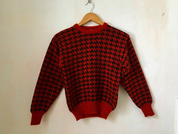 Vintage Teens Houndstooth Sweater, Red Patterned … - image 2