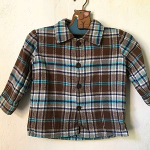 Vintage Boys Plaid Flannel Shirt, Baby Toddler Lumberjack Shirt, Retro Brown Blue Button Down Long Sleeve Shirt, 90s Kids Clothes
