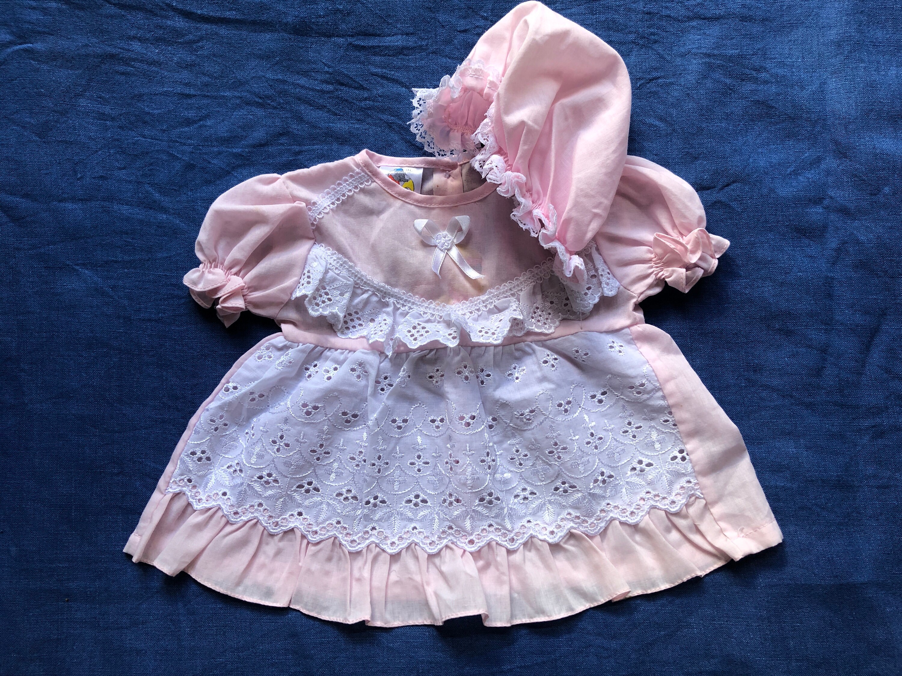 Baby Girl Summer Dress and Bonnet Hat 2-Piece Set, 3-6 months Deadstock 90s Light Pink Lace Dress, Vintage Short Sleeve Lightweight Dress