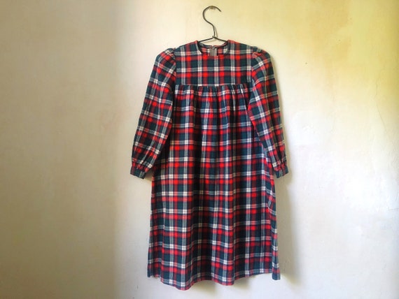 Girls Plaid Flannel Dress, Vintage Handmade Teen … - image 1