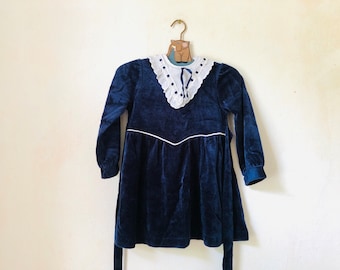 Fluwelen jurk met slabbetje kraag, 2T outfit vintage meisje gelegenheid, blauwgroen blauwe jurk lange mouw, jaren 90 feestjurk, winterjurk