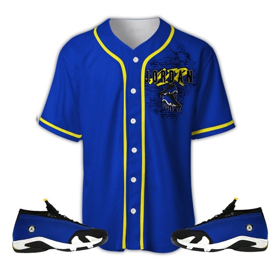 CarlyleWood Custom Jordan 23 Shoes Baseball Jersey Shirt to Match 2023 Blue Laney 14s Tee, Jordan 14 Laney Matching Baseball Jersey