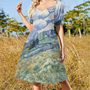 Van Gogh's Landscape of Saint Remy / Women's Short Sleeves Dress / Stylish V-neck / Knee-length Skirt