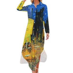 Van Gogh Cafe Terrace At Night Shirt Dress / Button Up Slit Skirt