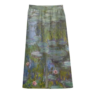 Monet&#39;s Waterlilies Women&#39;s Cotton Front Mid-slit Skirt / 245GSM Cotton / All Over Print