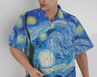 Van Gogh Starry Night / Cotton Men's Hawaiian Shirt / Button Closure / 115GSM / All-Over Print