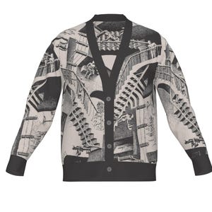 May include: A long-sleeve V-neck cardigan featuring a black and off-white graphic print of an architectural staircase design. The garment includes a solid black button-down placket, black ribbed cuffs, and a black ribbed hem at the bottom.