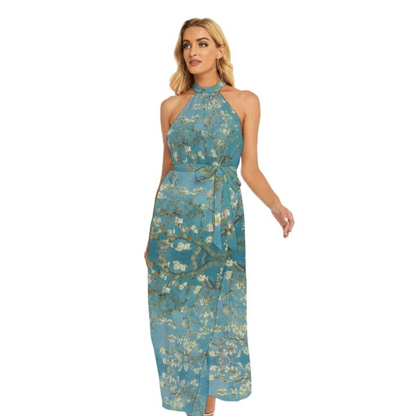 Van Gogh Women's  Almond Blossom Halter Dress / Belted / Wrap Hem / All-Over Print