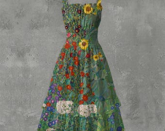 May include: A green floral print dress with a square neckline and spaghetti straps. The dress features a fitted bodice and a flared skirt with multiple layers. The floral pattern includes sunflowers, red, and purple flowers.