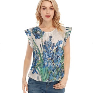 Van Gogh Irises Women&#39;s Top / Ruffle Sleeves /  All-Over Print