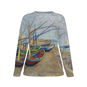 Van Gogh / 100% Cotton / Fishing Boats on the Beach / Long Sleeve Oversized Women&#39;s T-Shirt / AOP