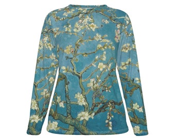 Van Gogh / 100 % coton / Fleurs d&#39;amandier / T-shirt oversize à manches longues pour femme / Imprimé intégral