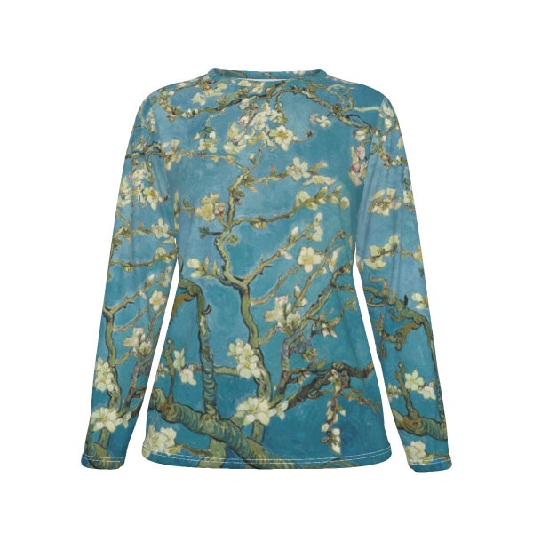 Van Gogh / 100% cotone / Fiori di mandorlo / T-shirt da donna oversize a maniche lunghe / Stampa su tutta la superficie