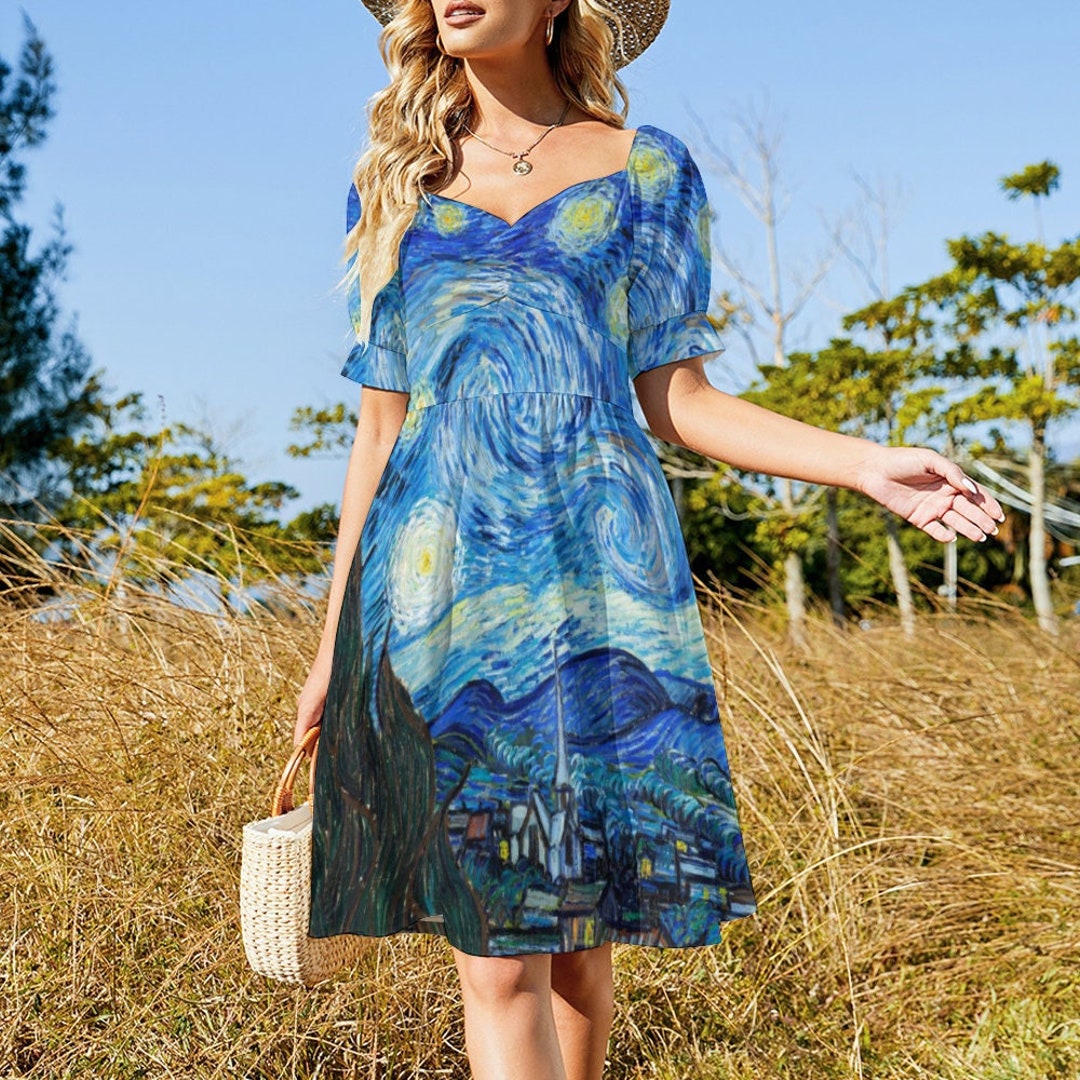 Van Gogh Starry Night Women's Dress / Short Sleeves / Stylish V-neck / Knee-length Skirt