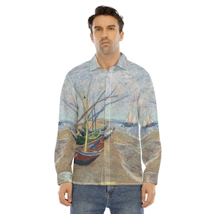Van Gogh / All Over Print / Men&#39;s Lapel Collar Tshirt With Concealed Placket