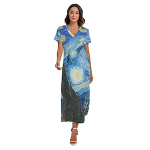 Van Gogh / Starry Night / Women's V-neck Dress With Side Slit / All-Over Print