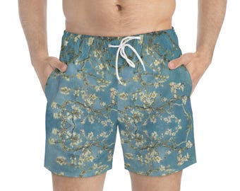 Van Gogh Almond Blossom Swim Trunks, Summer Beach Shorts, Vacation Swimwear, Pool Party Essentials, Men&#39;s Swimwear, Artistic Swimwear