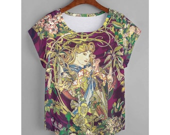 Camiseta con dobladillo curvo para mujer de Alphonse Mucha (talla grande)