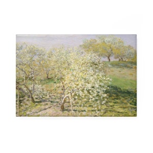 May include: A painting of a field with several trees in bloom. The trees are in the foreground and are surrounded by a field of green grass. The sky is a light blue color and there are some clouds in the distance.