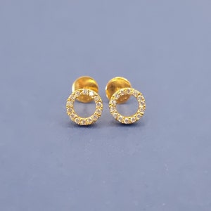 22k solid gold earrings for children and adults,  Real gold open Circle Stud Earrings with CZ diamonds