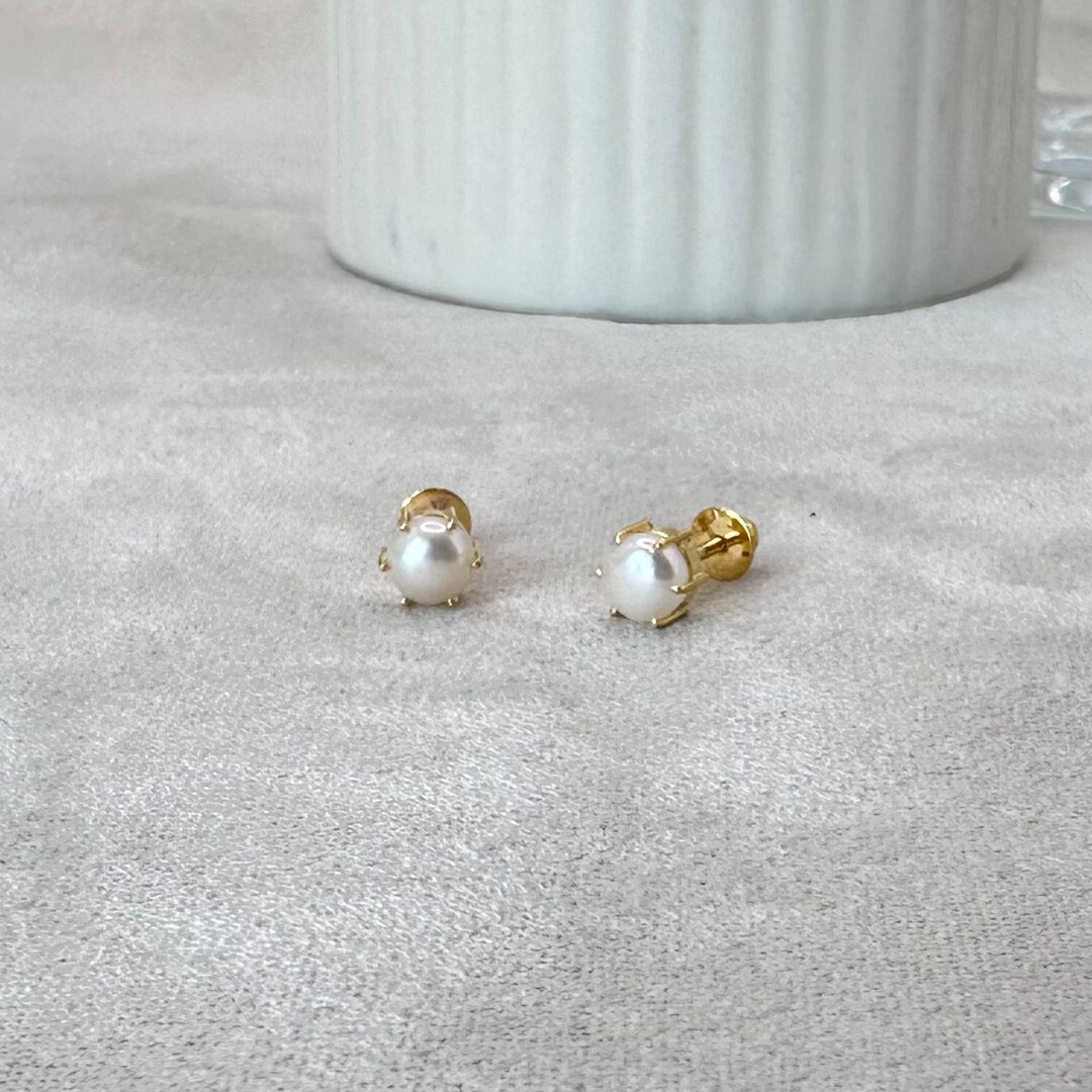 22k Solid Gold Ear Studs / Earrings With Natural Pearl, Gold Earrings ...