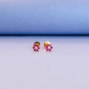 22k solid gold flower earrings/ruby colour flower earrings, gift gold jewellery