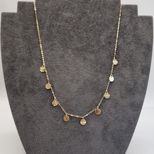 18k designer necklace with dangling small discs, gift jewellery, gold jewellery for her