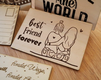 Postkarte aus Holz, Grußkarte - beste Freunde, best friends, auch mit Textgravur