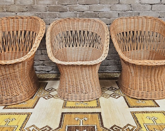 Set of 3 wicker rattan armchairs 1970